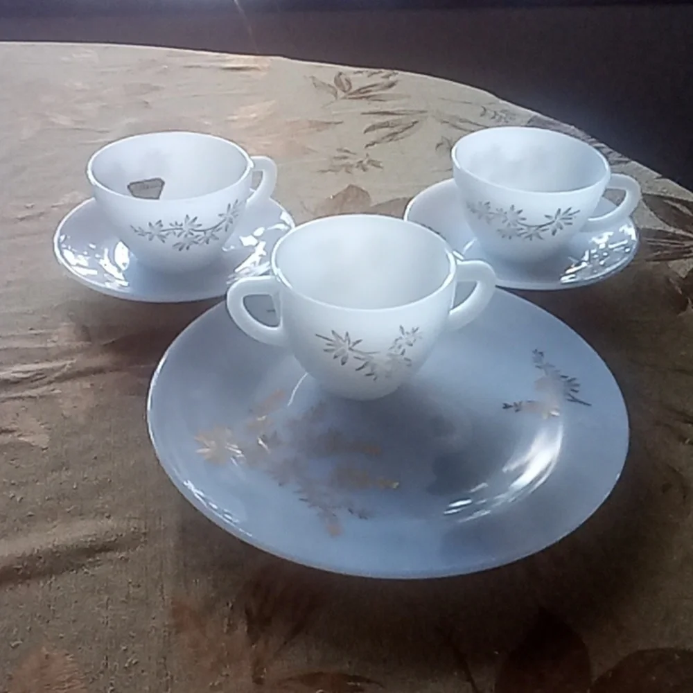 Elegant Federal glass golden glory milk glass cups & saucers, sugar bowl & plate